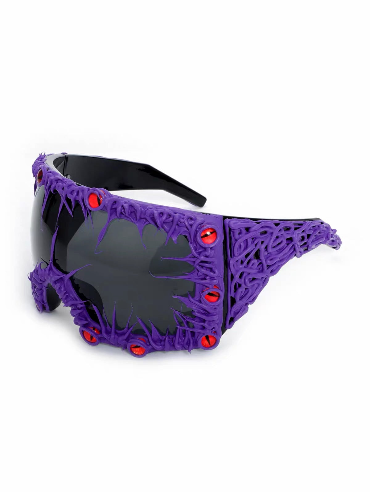 Purple wraparound sunglasses with eye details