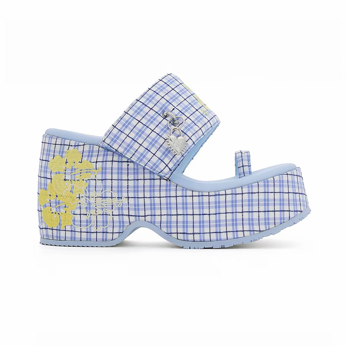 Side view of blue plaid platform sandals