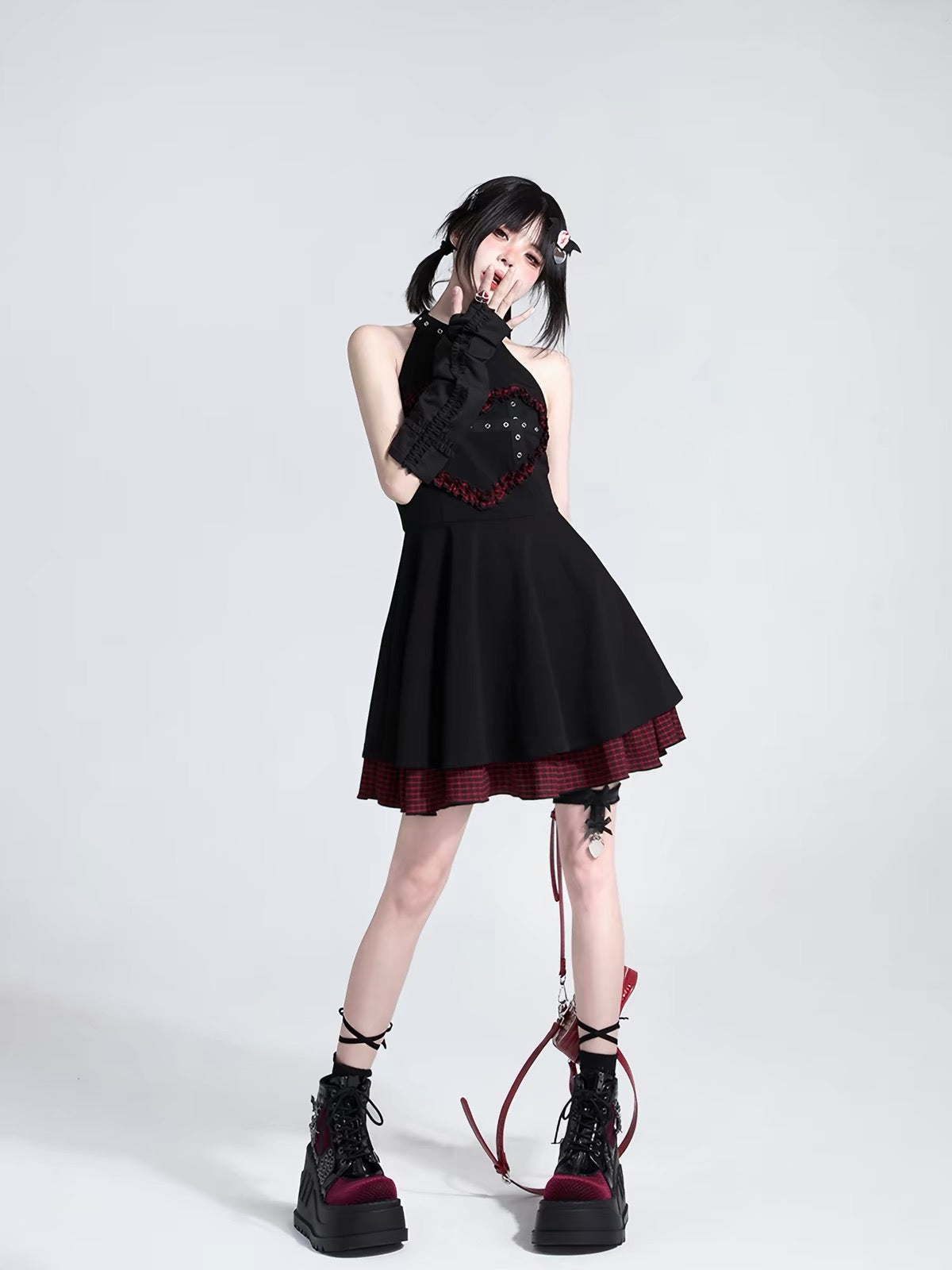 Black and red plaid halter mini dress full outfit