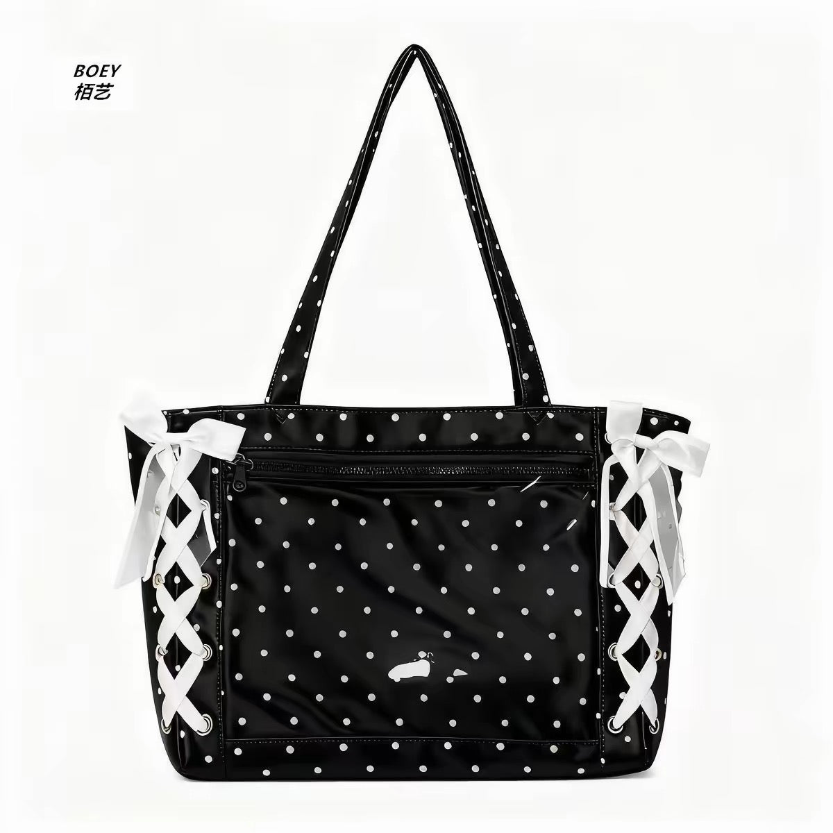 Black polka dot ita bag with white lace-up ribbon sides and clear display pocket