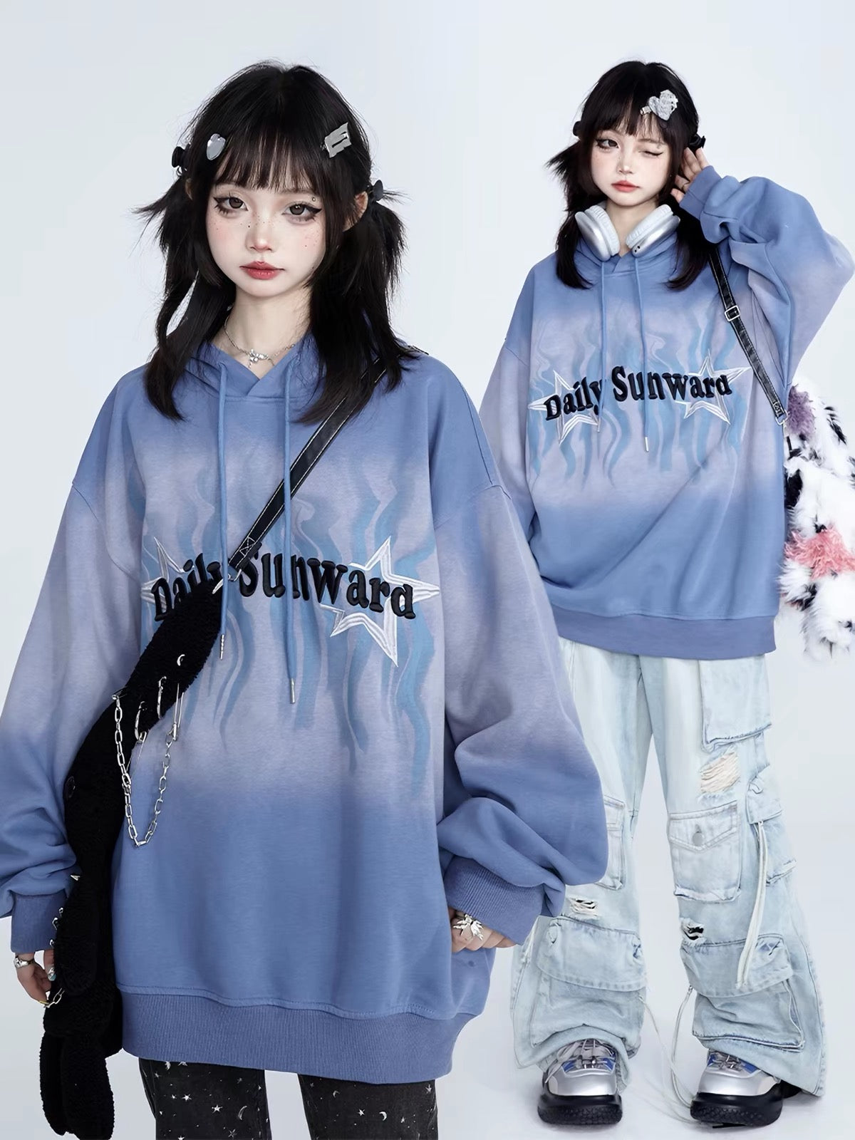Two styling views of blue oversized hoodie