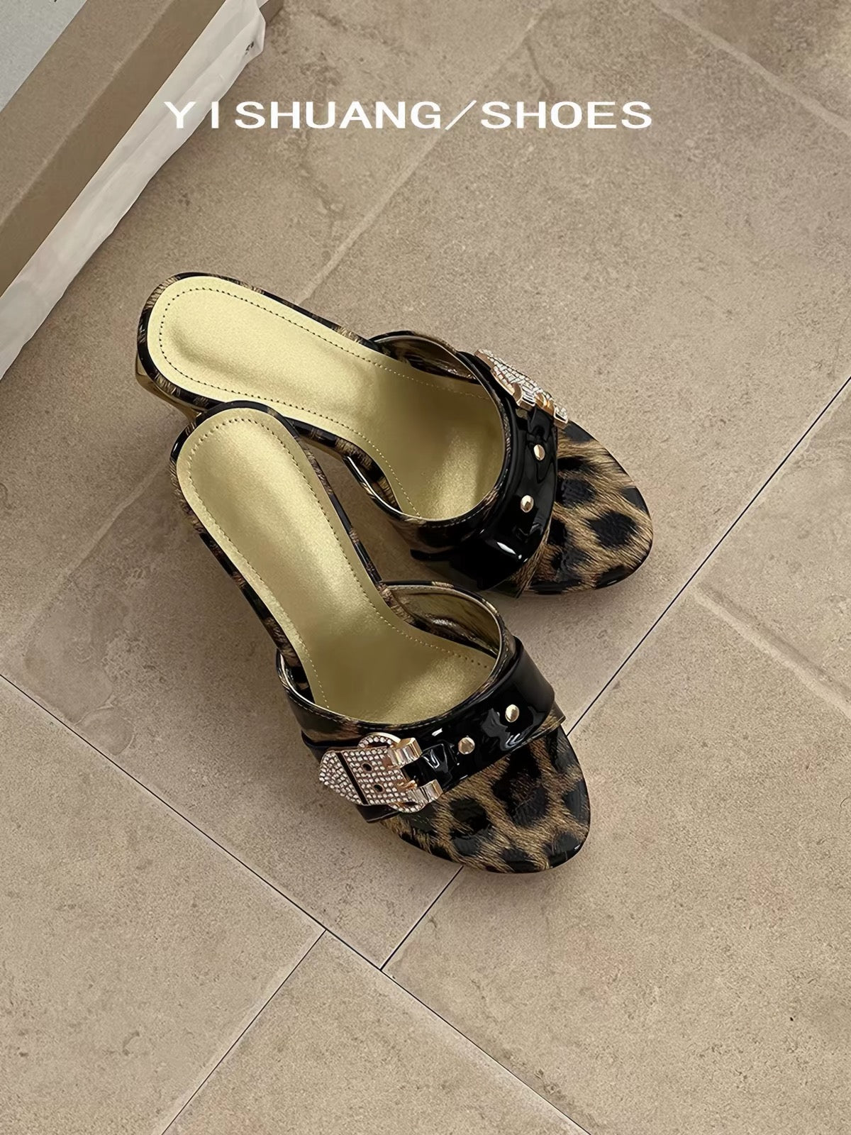 Leopard print mule heels top view