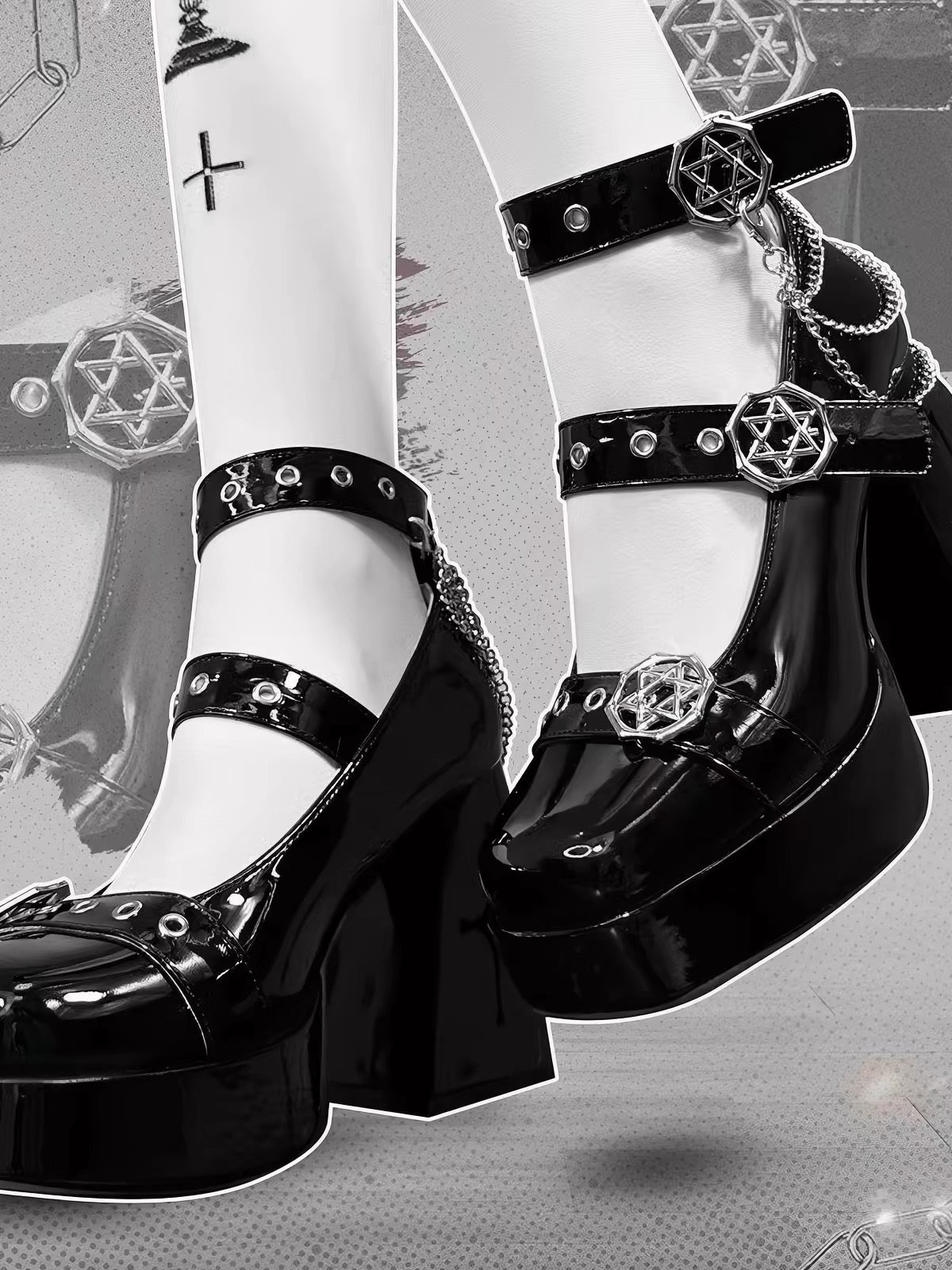 Black patent platform heels with pentagram buckles and eyelet straps