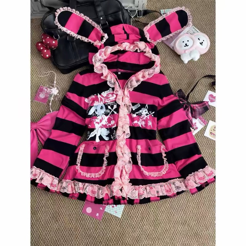 Pink and black bunny hood coat detail