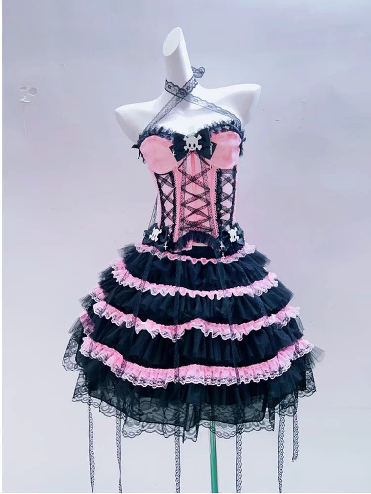 Pink and black skirt styled with coordinating corset