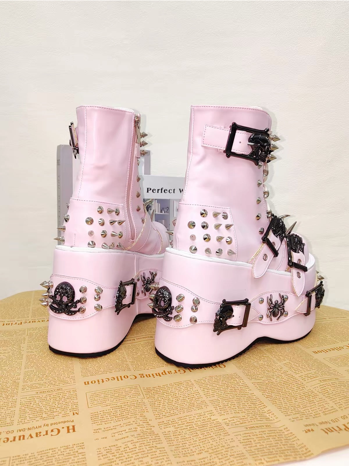 Pink skull and spike platform boots