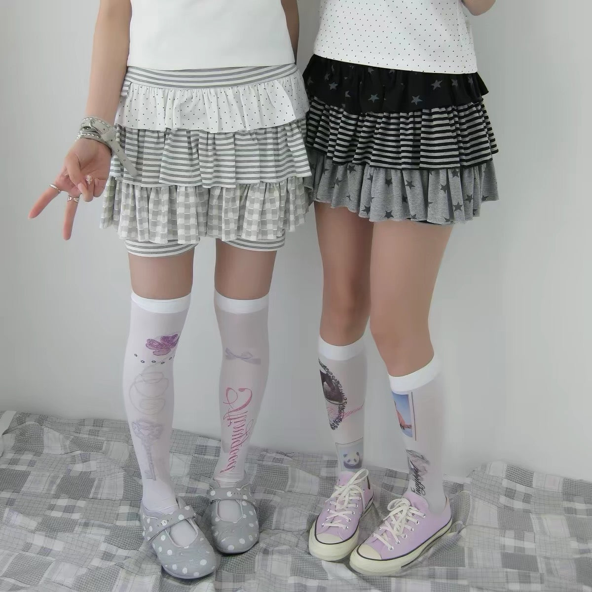 White printed knee-high socks with layered skirt styling