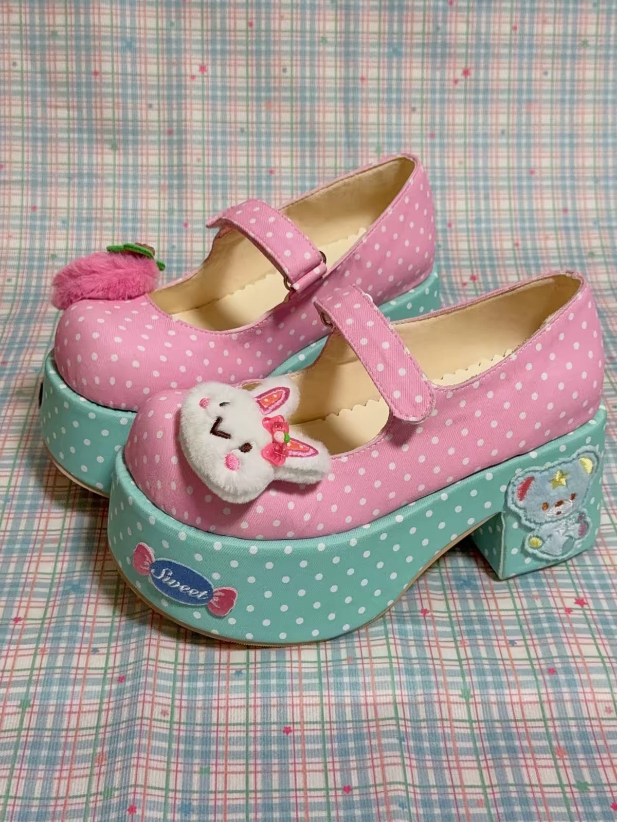 Pink and mint platform Mary Jane shoes full side view with embroidered sweet motif