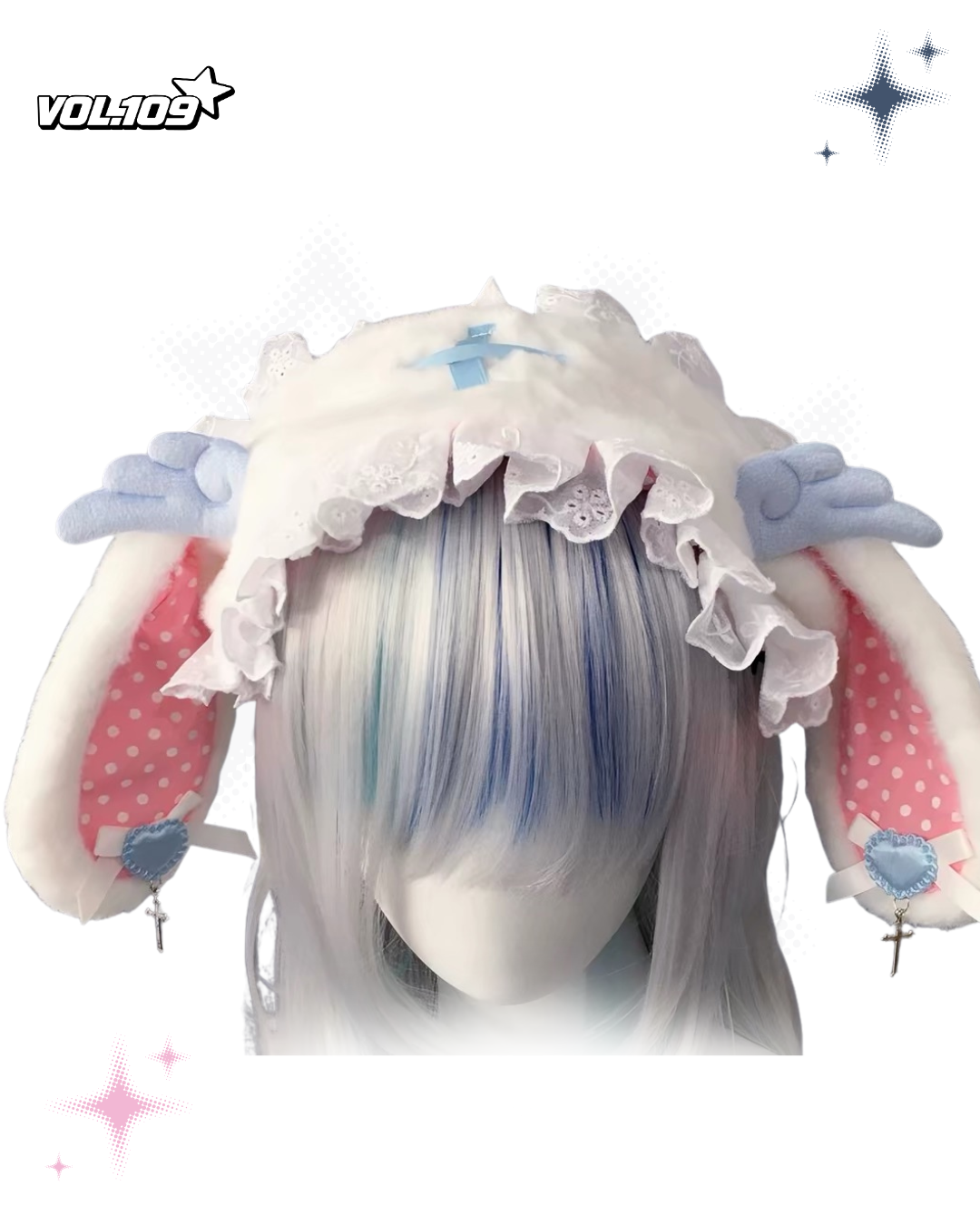 White plush bunny ear headdress front view