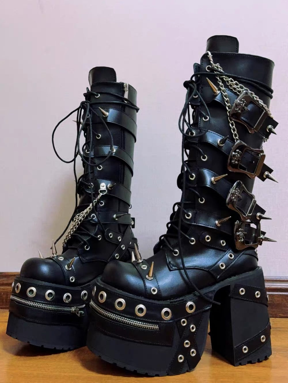 Black spiked chain platform boots back and side view