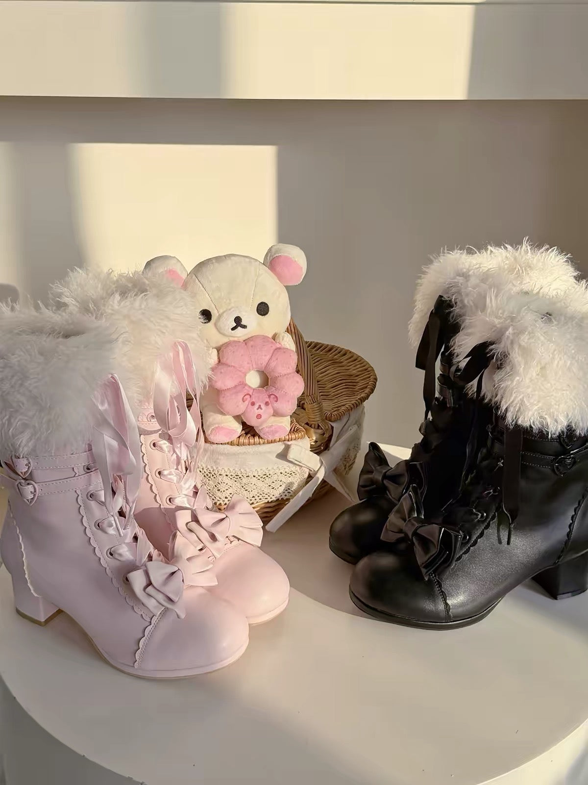 Pure Tea For Dream ribbon bow block heel boots