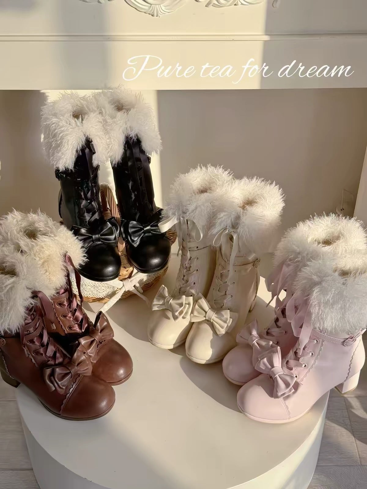 Ribbon bow boots in white, black, brown and pink