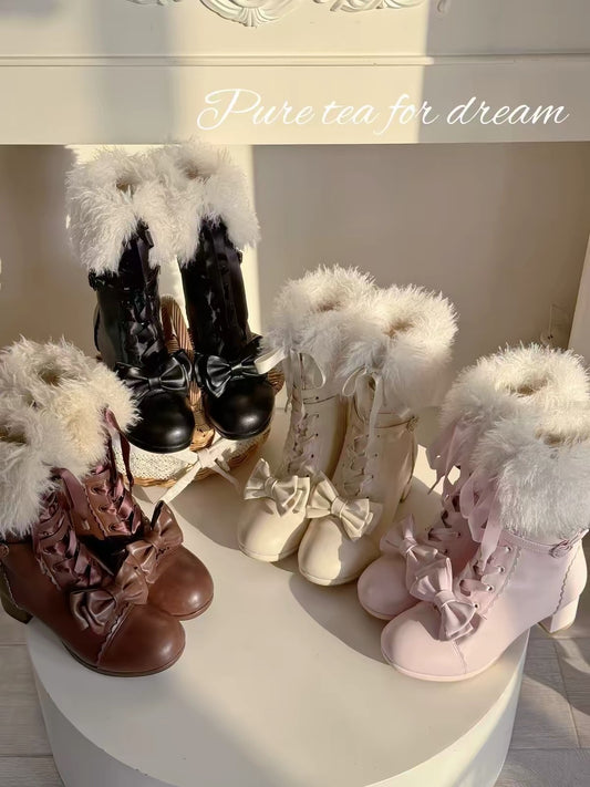 Ribbon bow boots in white, black, brown and pink