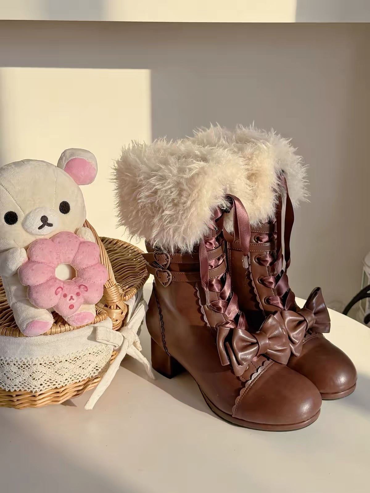 Pure Tea For Dream ribbon bow block heel boots