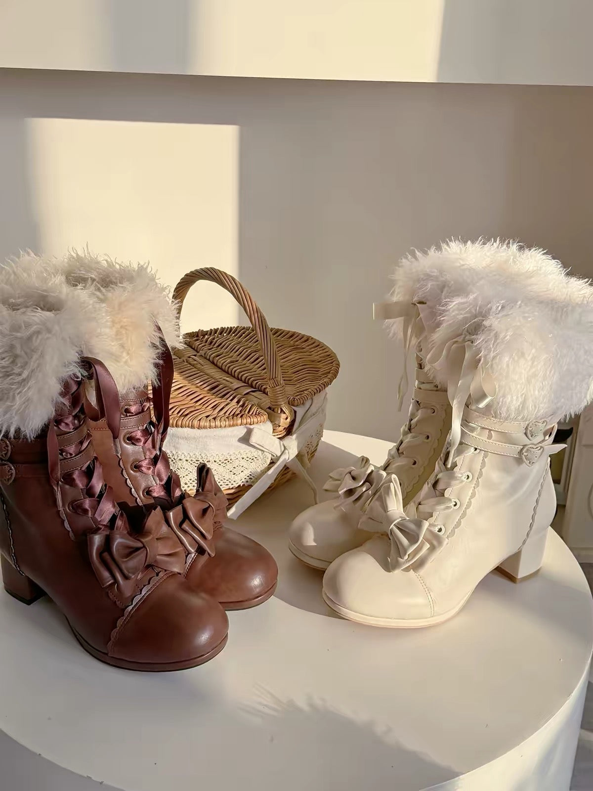 Pure Tea For Dream ribbon bow block heel boots