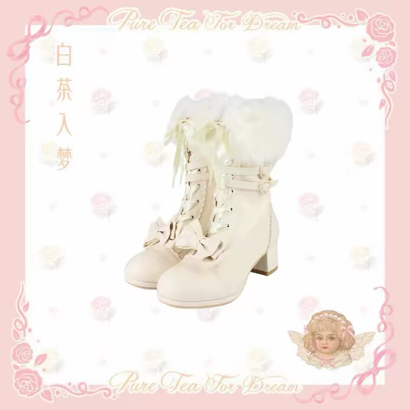Pure Tea For Dream ribbon bow block heel boots