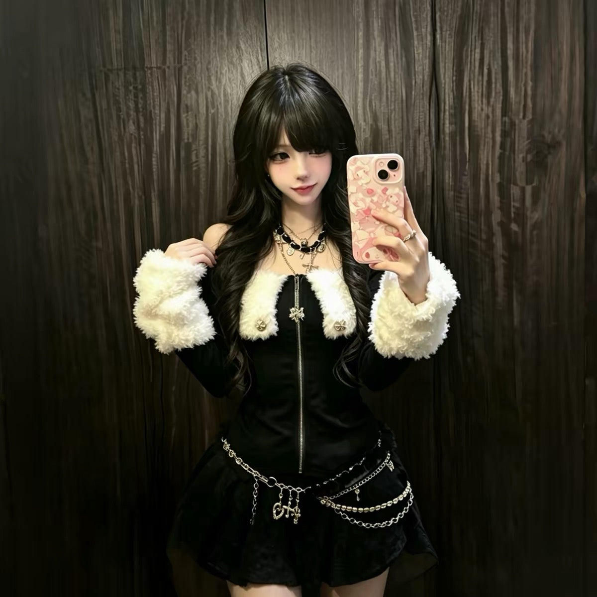 Snowflake zip-front top with fluffy trim and matching arm sleeves