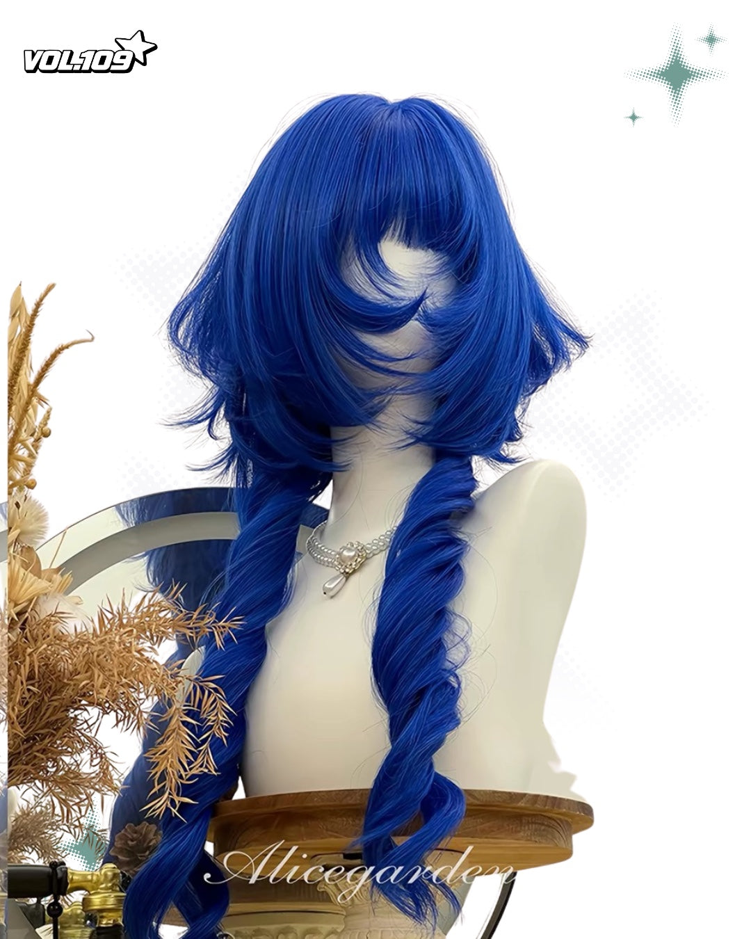 Cobalt blue layered wig with short rounded top and two long spiral front sections