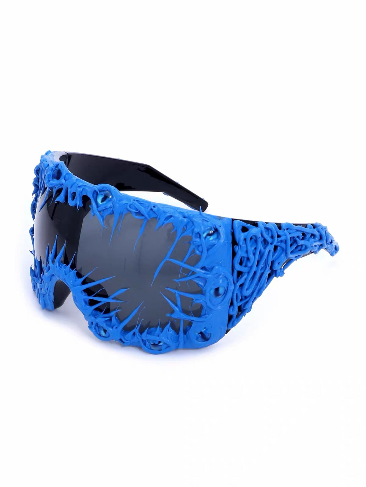 Blue wraparound sunglasses with eye details