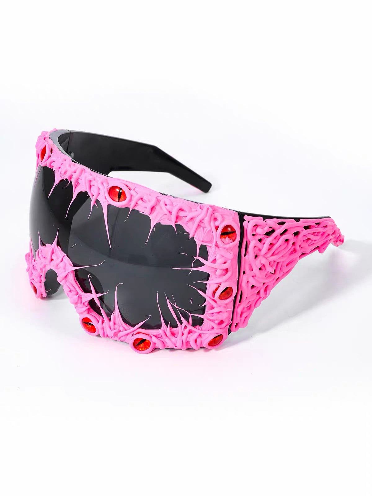 Hot pink wraparound sunglasses with eye details