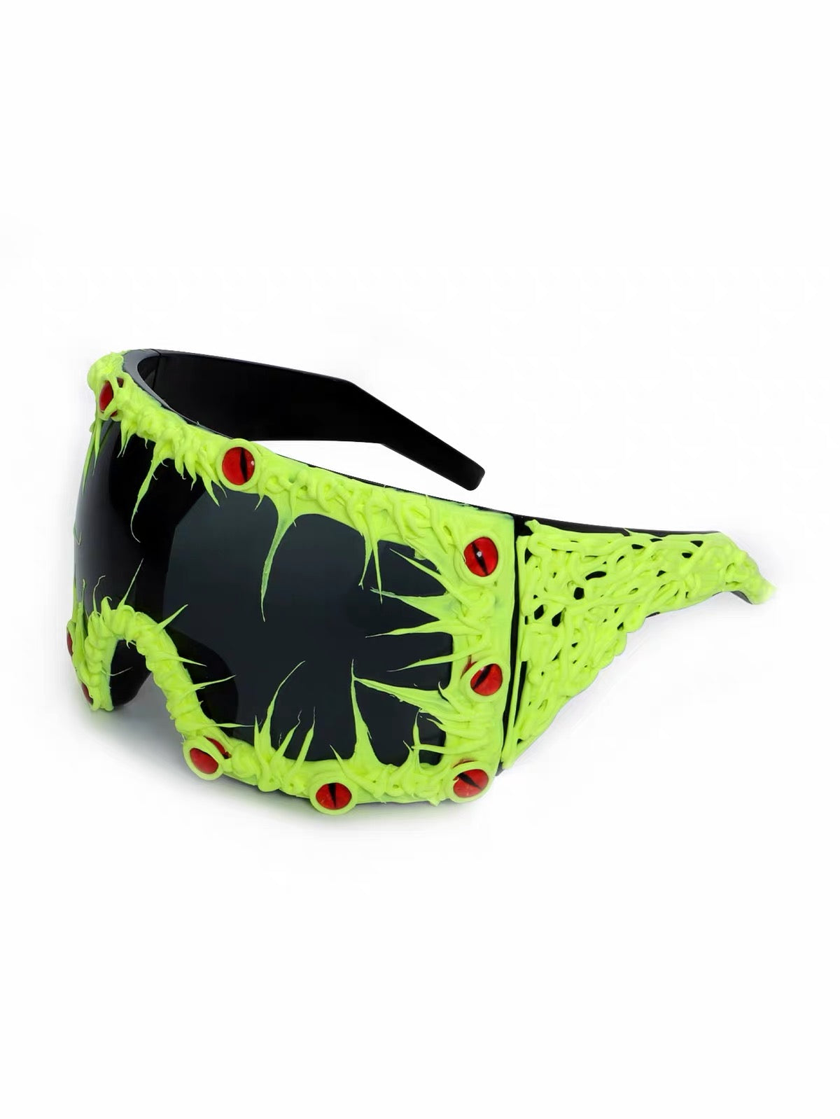 Lime green wraparound sunglasses with eye details