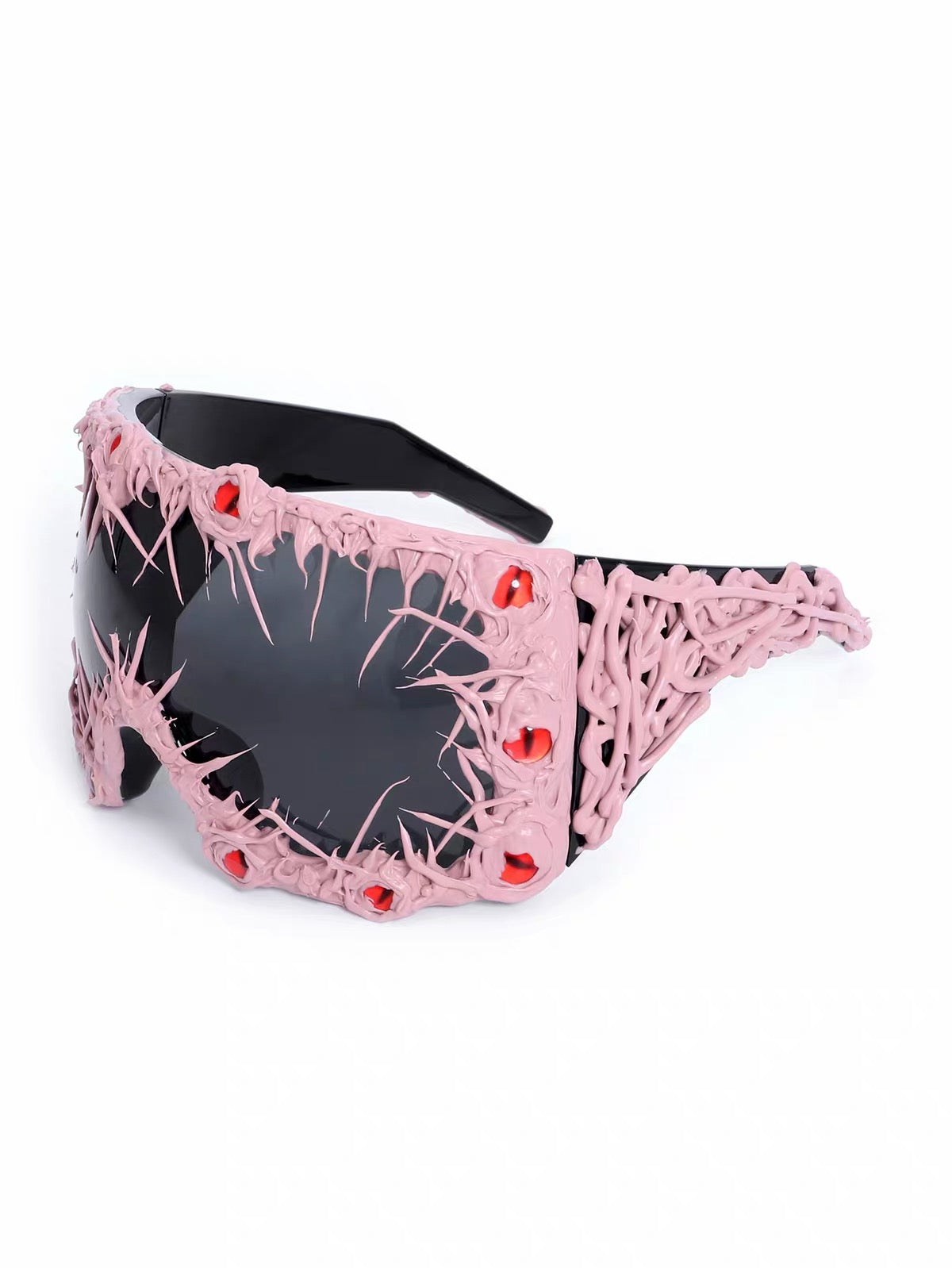 Light pink wraparound sunglasses with eye details