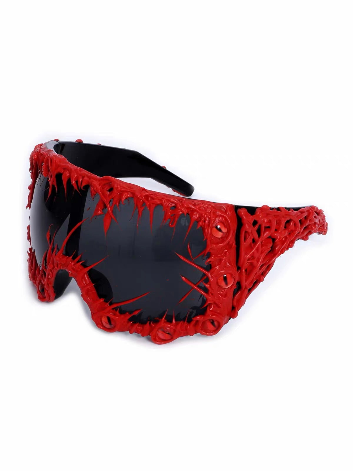 Red wraparound sunglasses with eye details