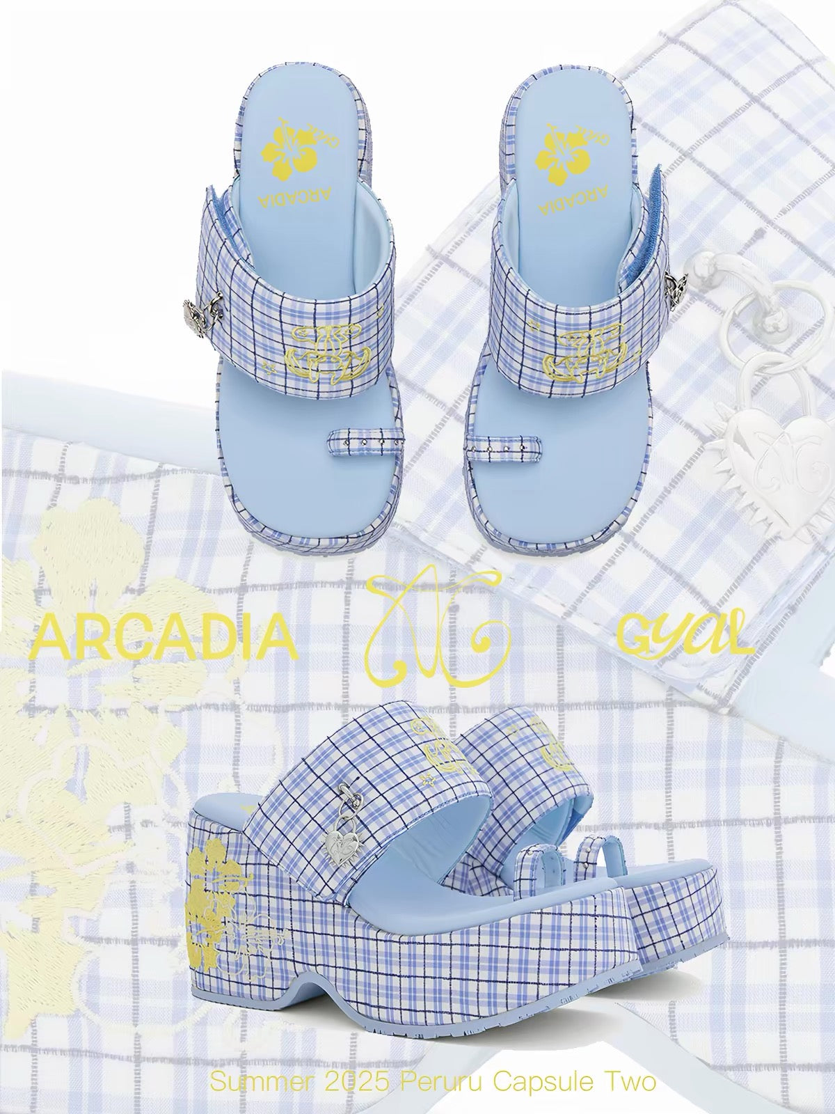 Blue plaid platform sandals
