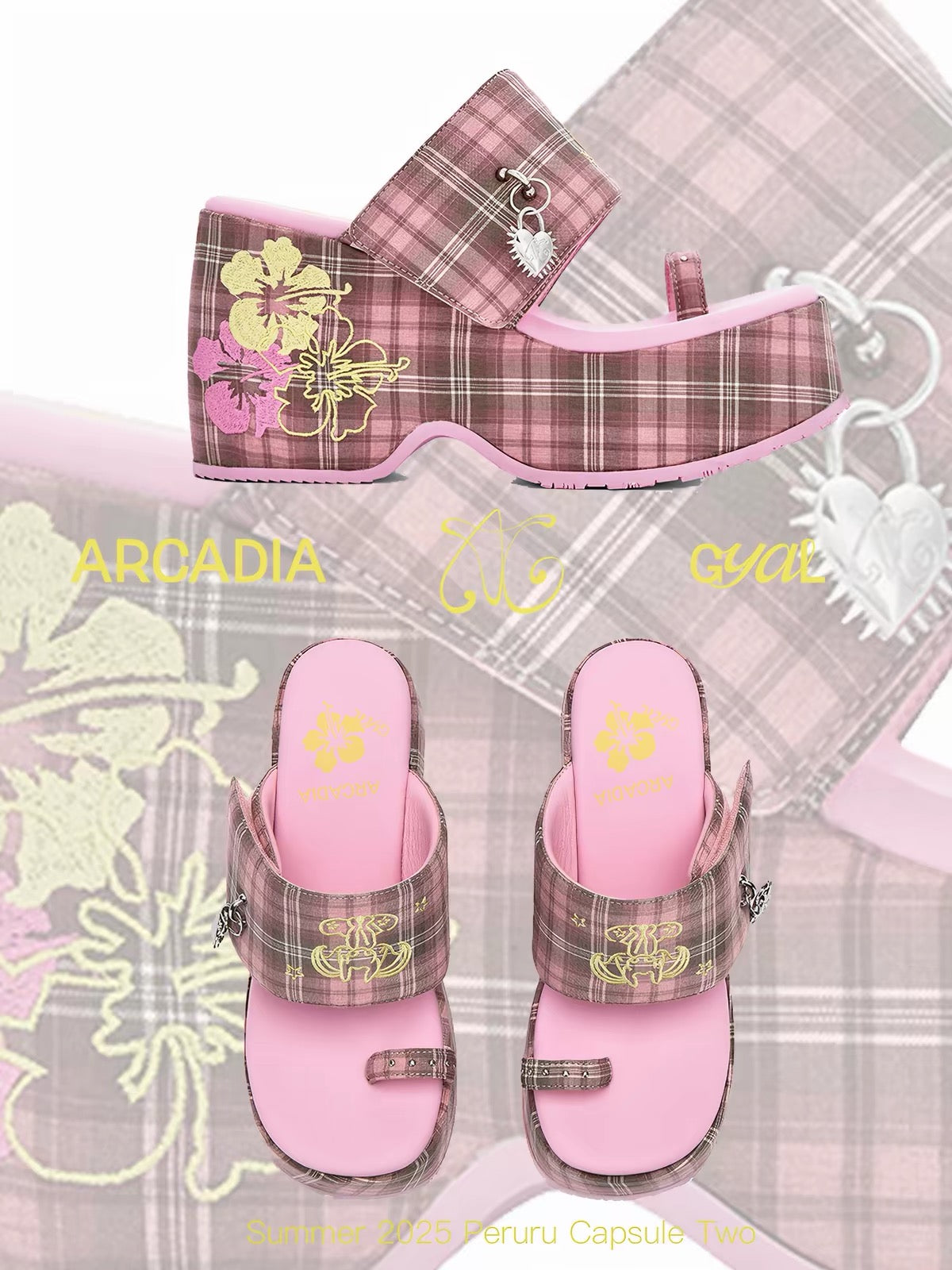 Pink plaid platform sandals