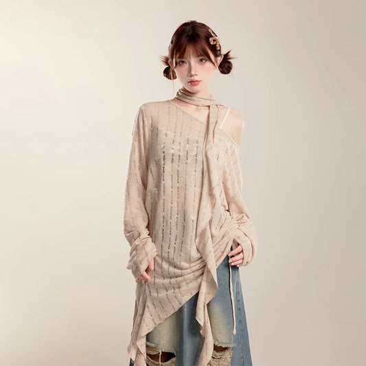 Black asymmetric draped knit top