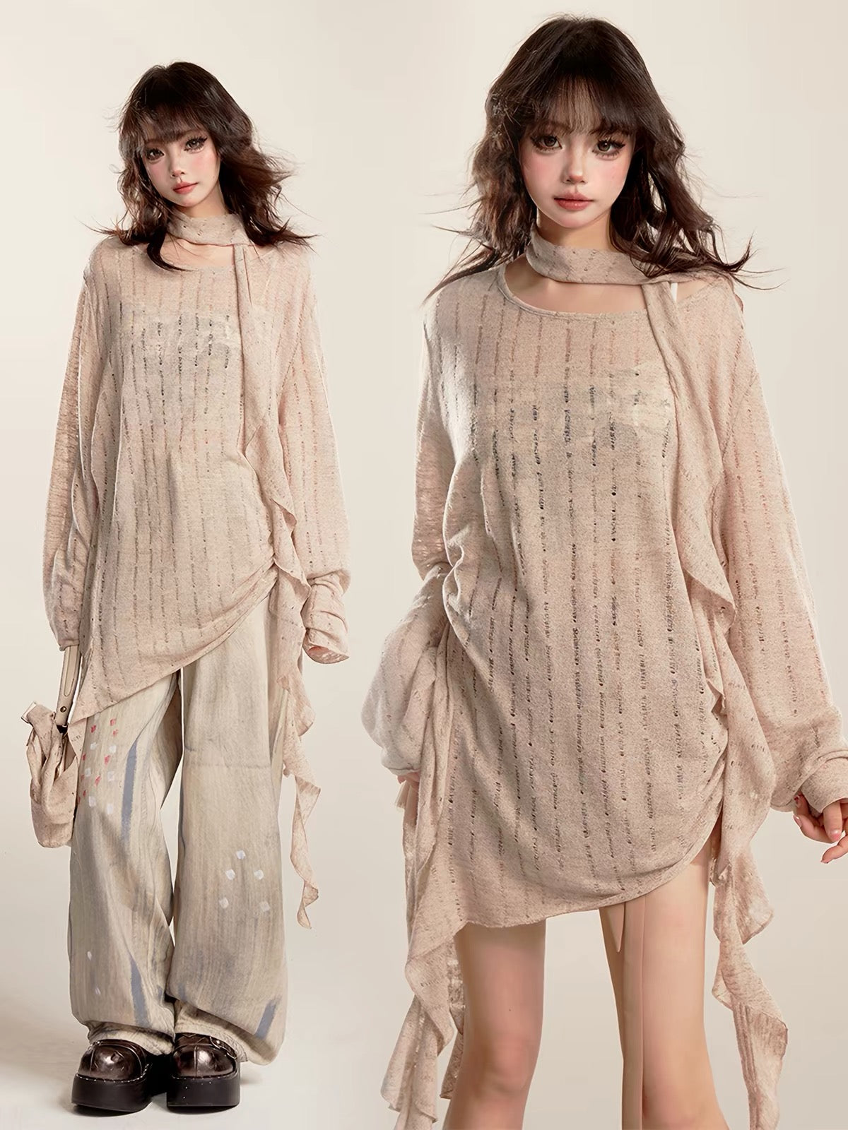 Beige asymmetric draped knit top