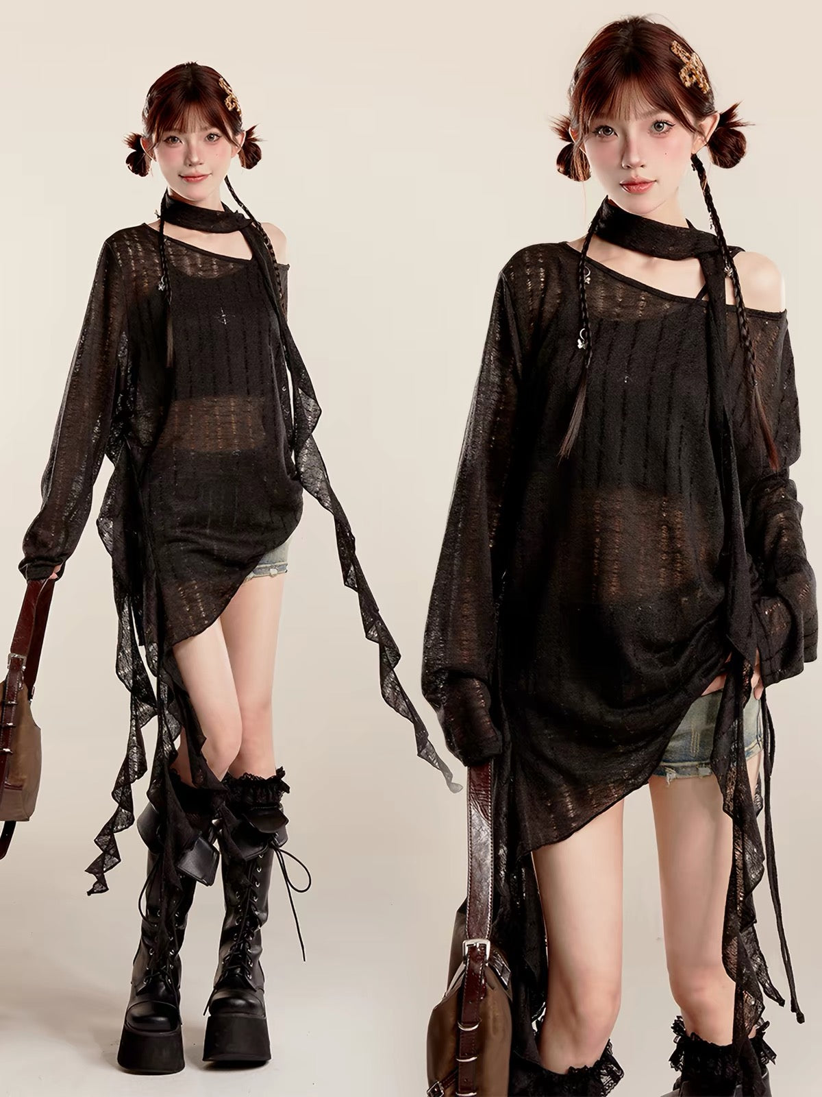 Beige and black asymmetric draped knit tops styled