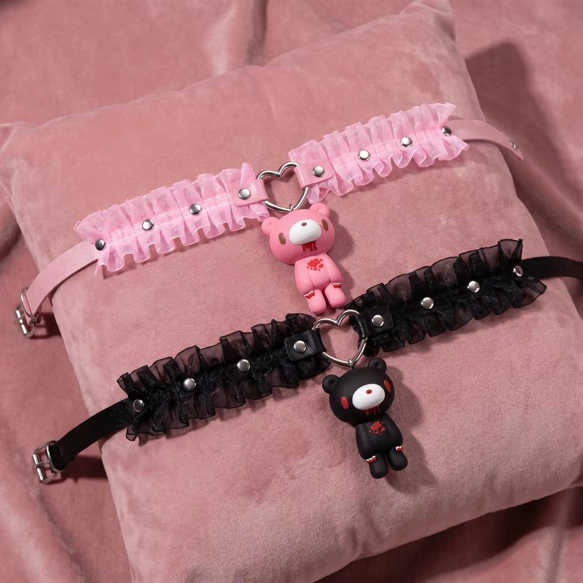 Pink and black ruffle bear charm chokers