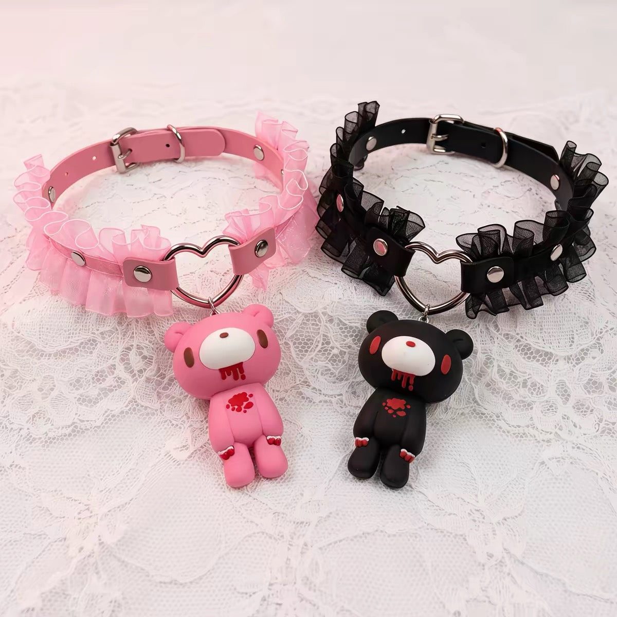 Pink and black bear charm chokers