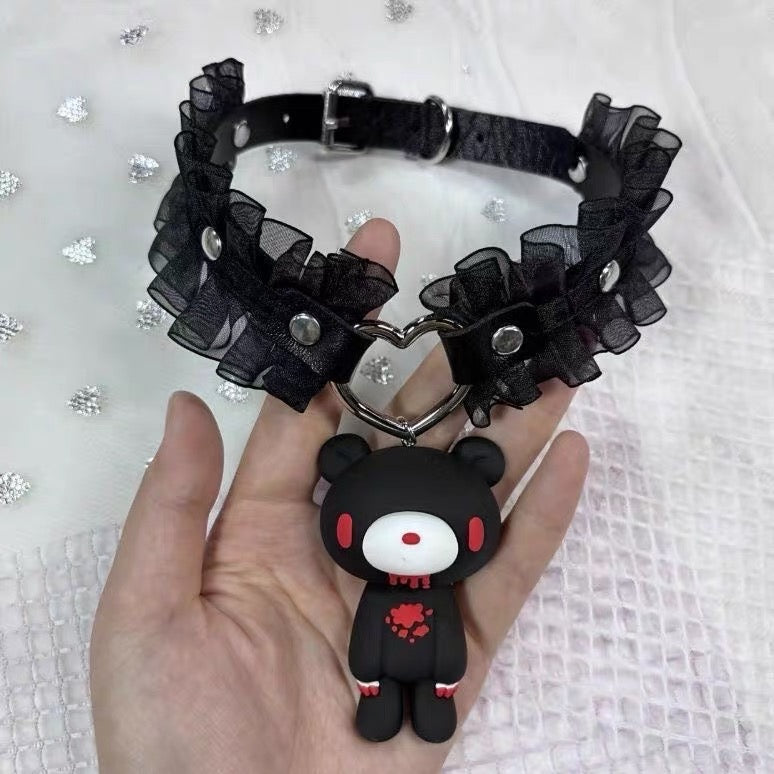 Black ruffle choker with heart ring and bear charm