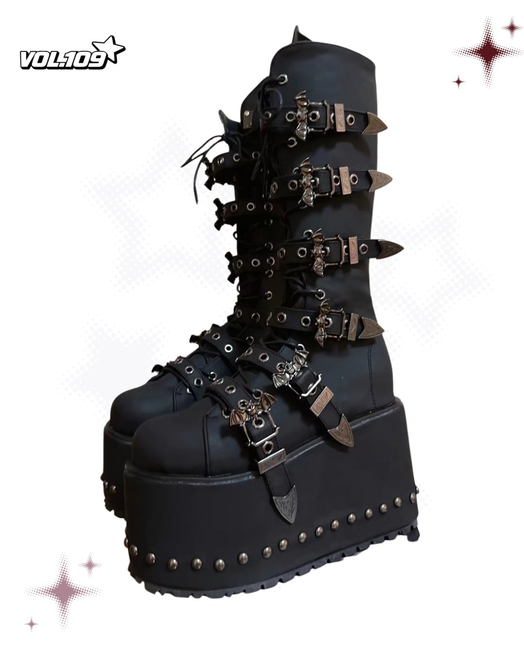 Black knee-high extreme platform boots with multiple buckle straps, eyelets and dark metal hardware
