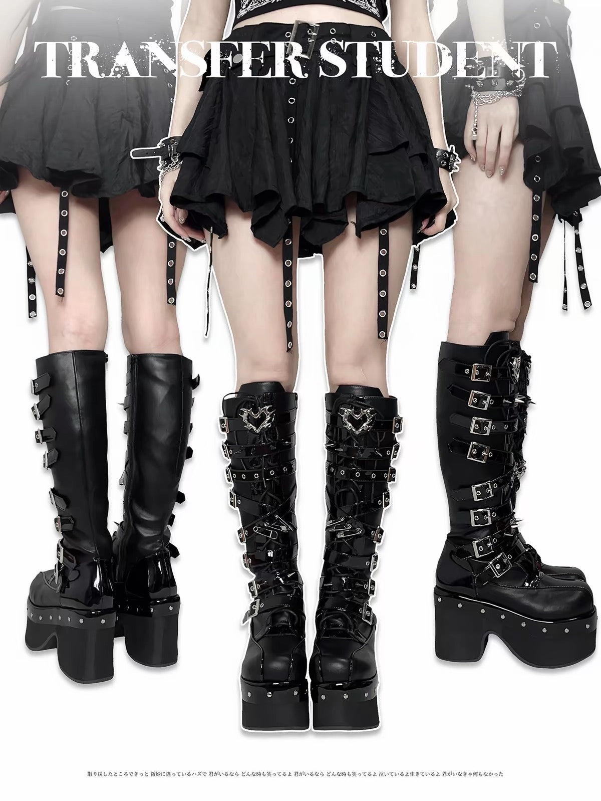 Black knee-high platform boots with buckle strap details