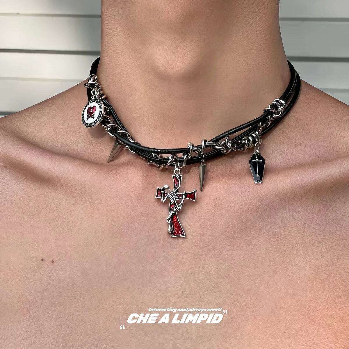 Black chain choker front view with cross and spike charms