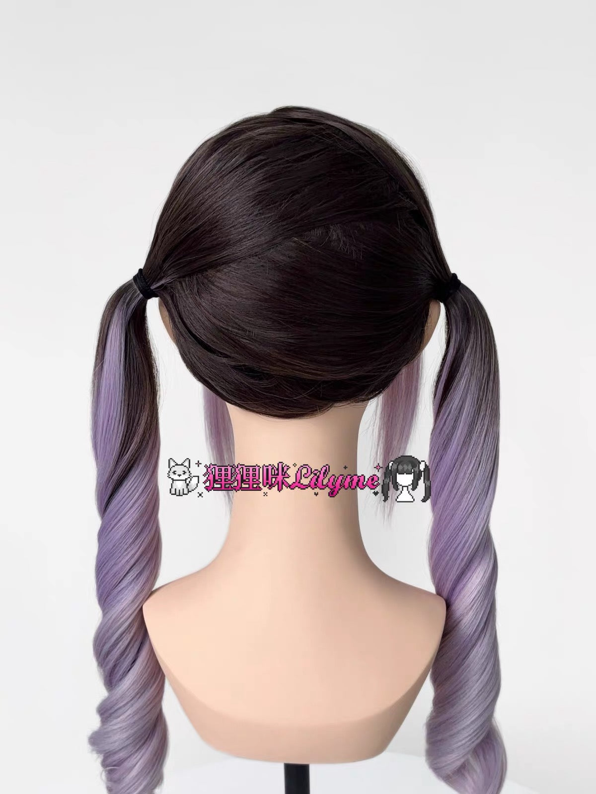 Back view of black and lavender twin-tail wig