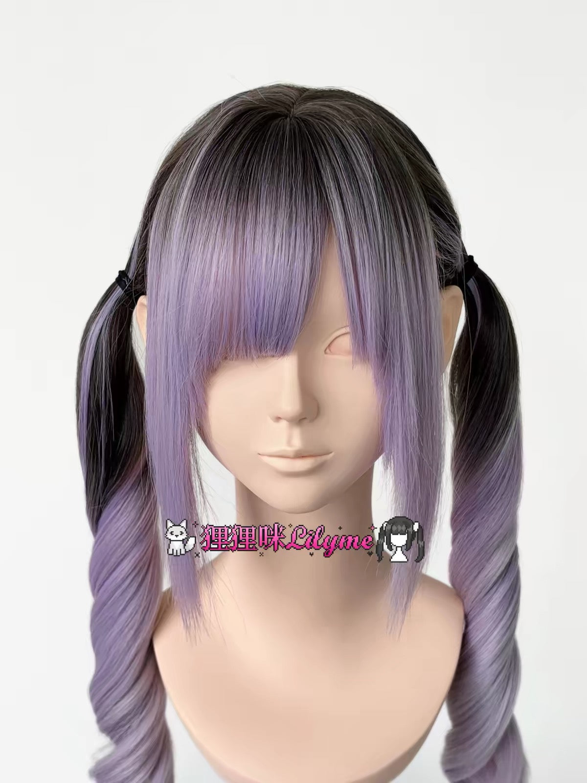Black and lavender twin-tail spiral curl wig close-up