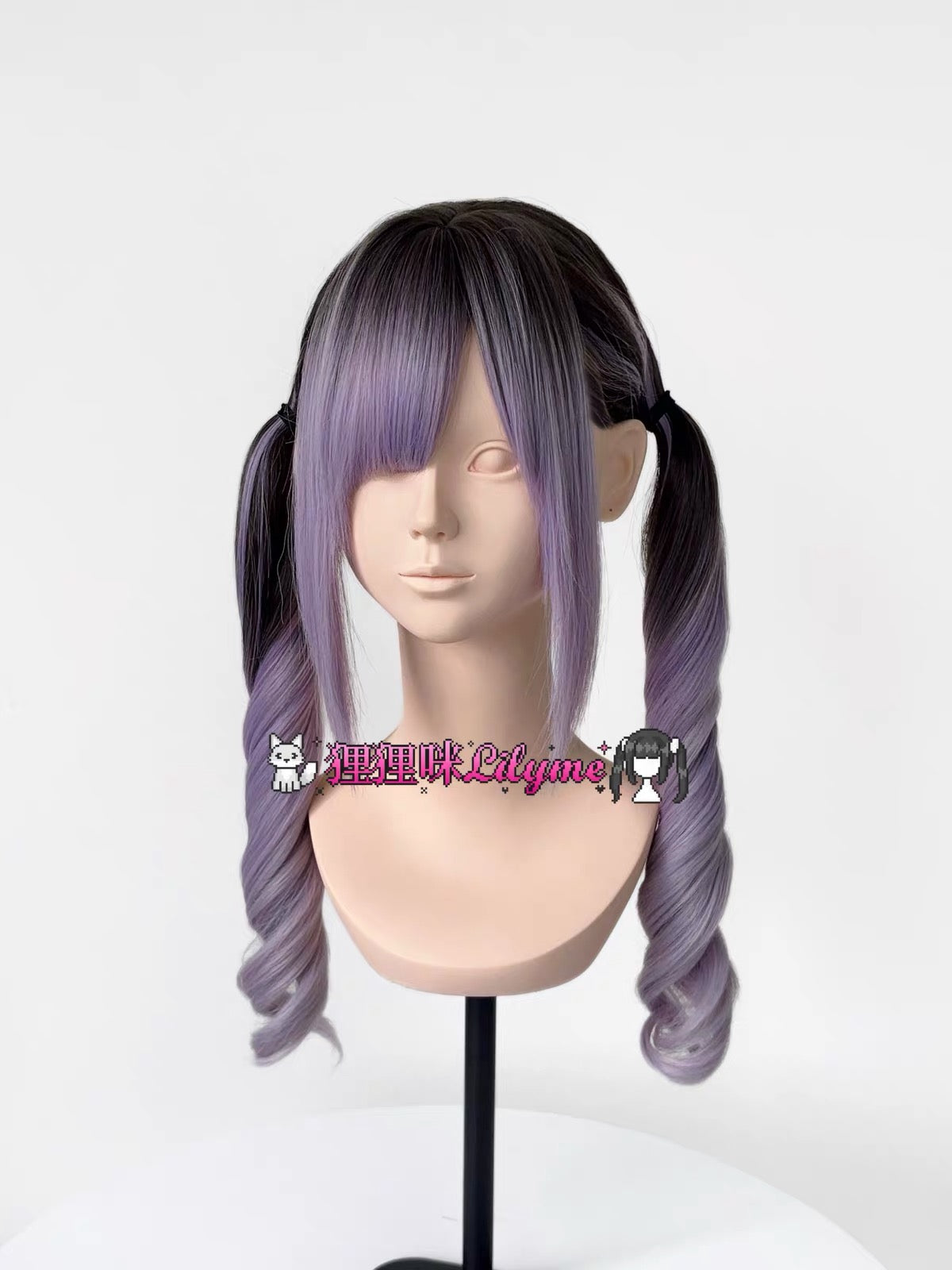 Black and lavender twin-tail spiral curl wig front view