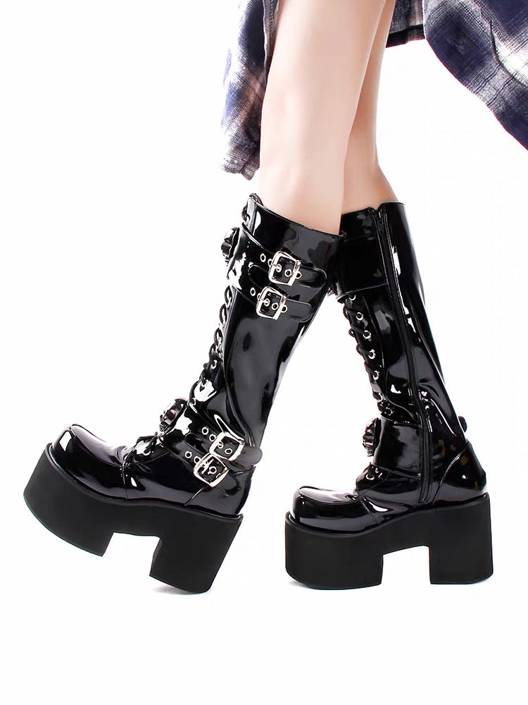 Black patent knee-high platform boots side view