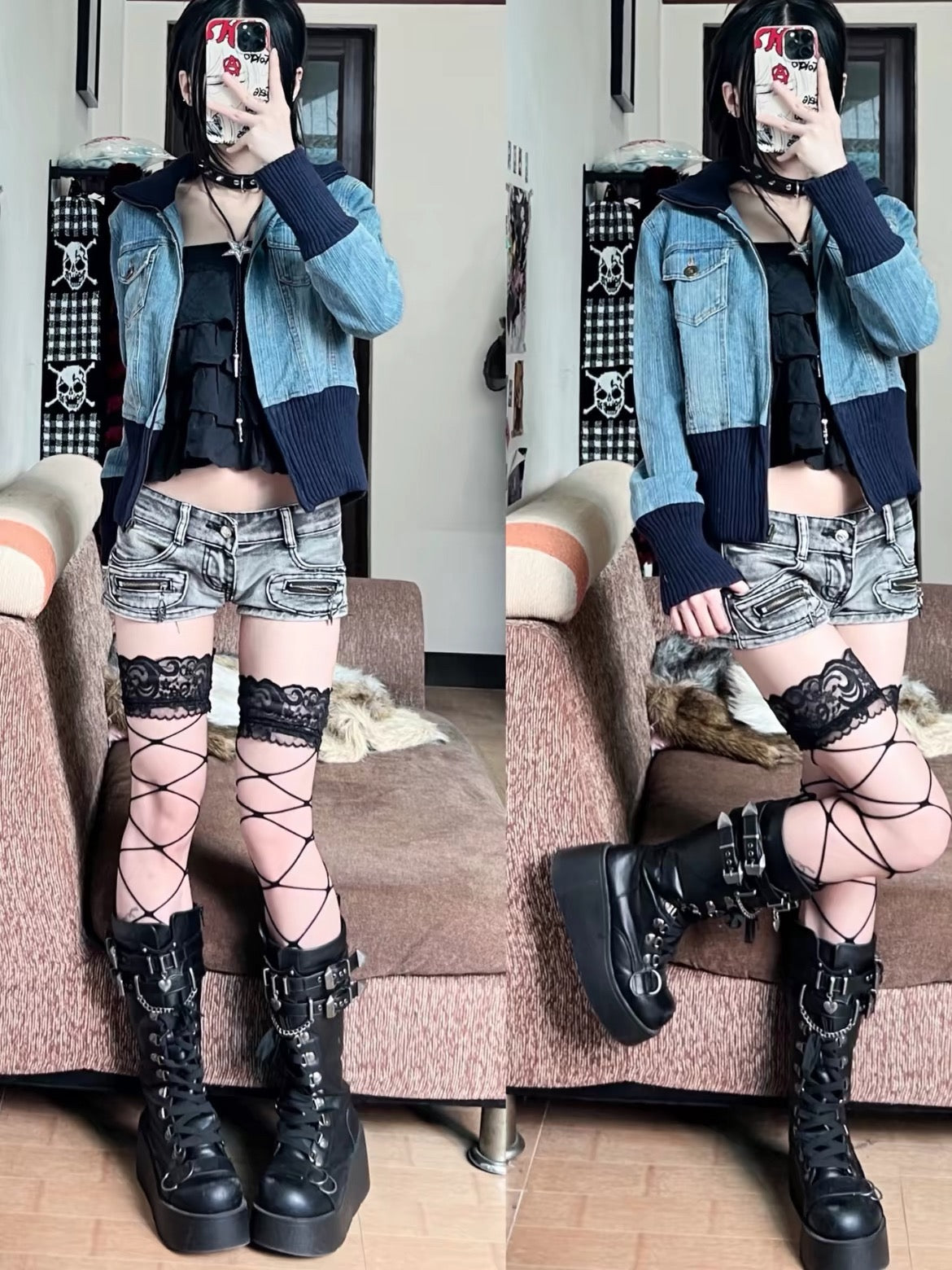 Black platform knee-high boots worn with alternative outfit
