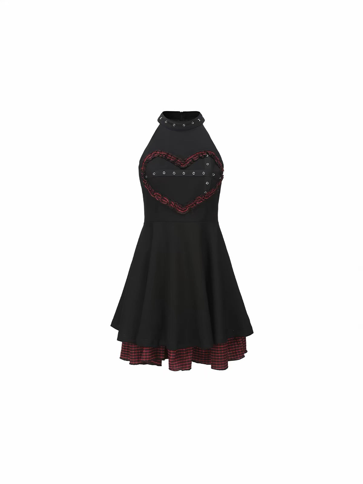 Black halter mini dress with red plaid heart trim and layered hem