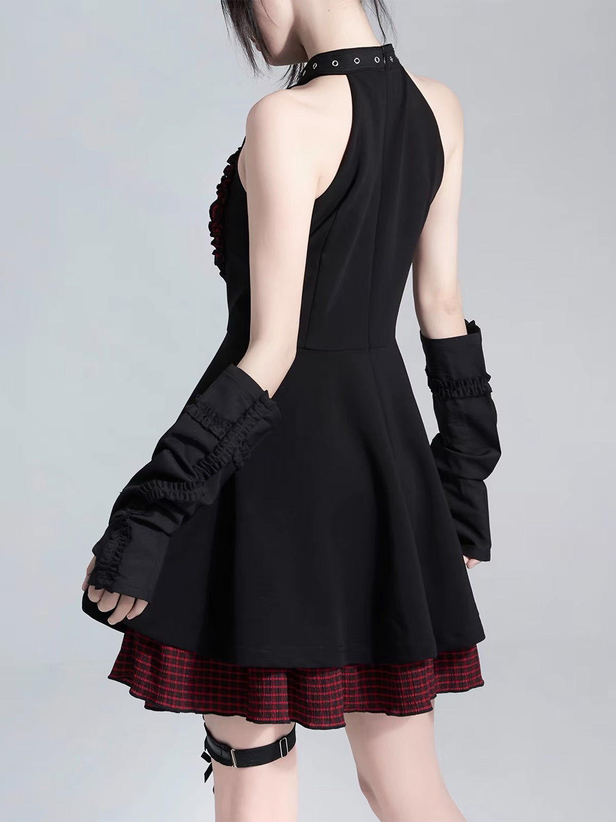 Black halter mini dress back view