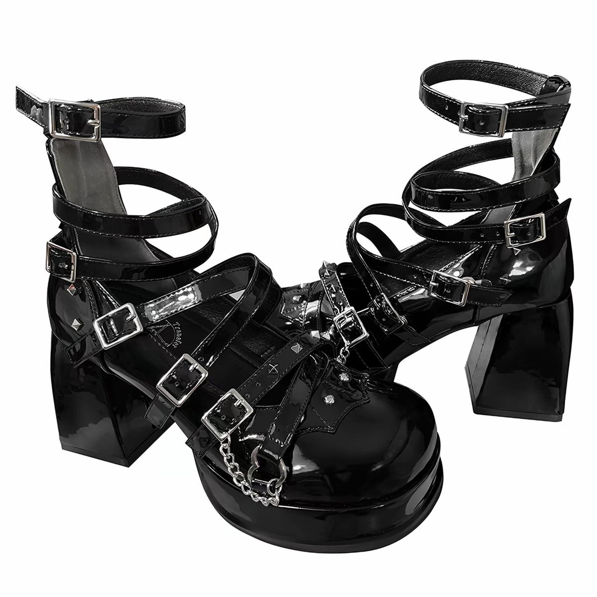 Black patent strappy platform heels