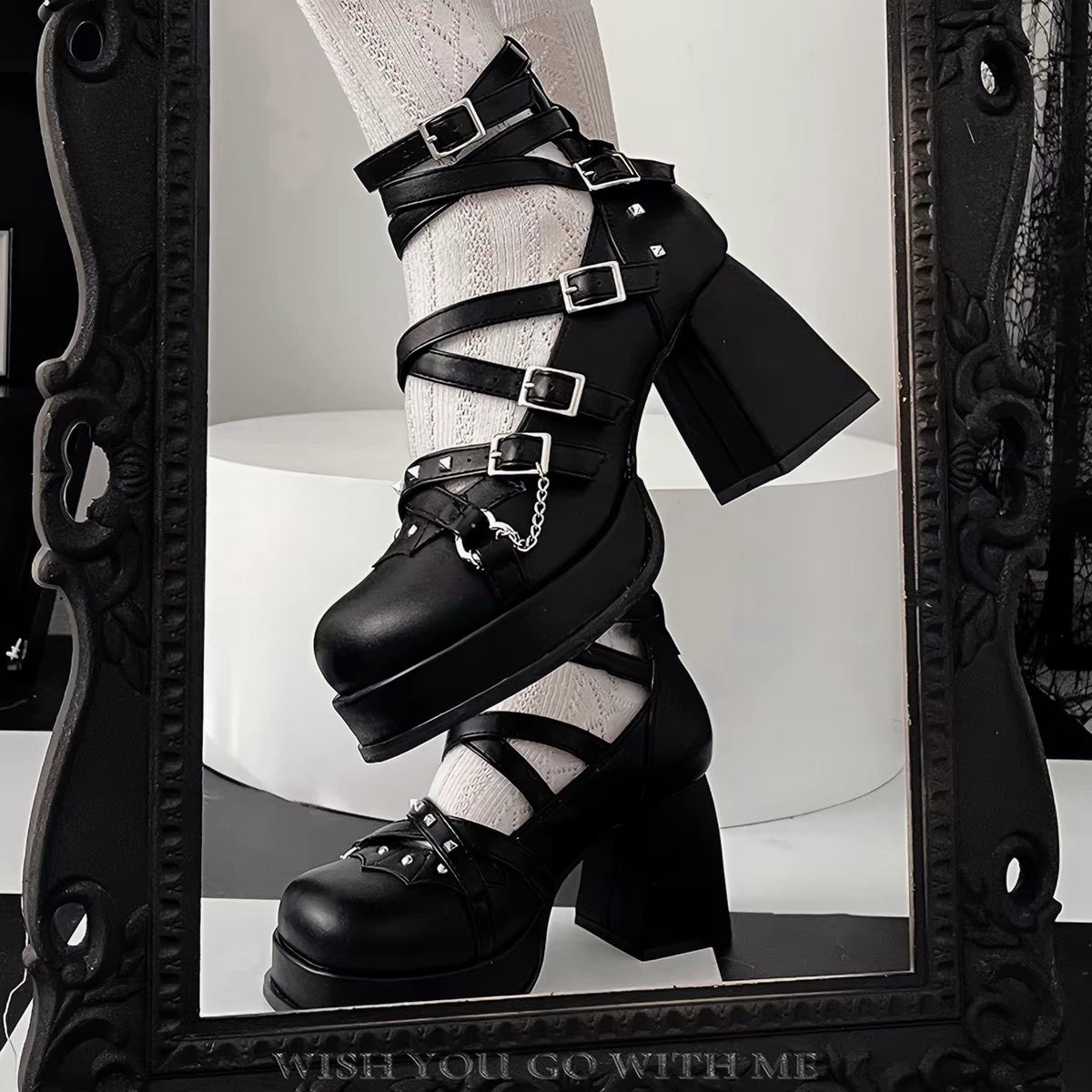 Black chunky heel platform shoes with buckle straps