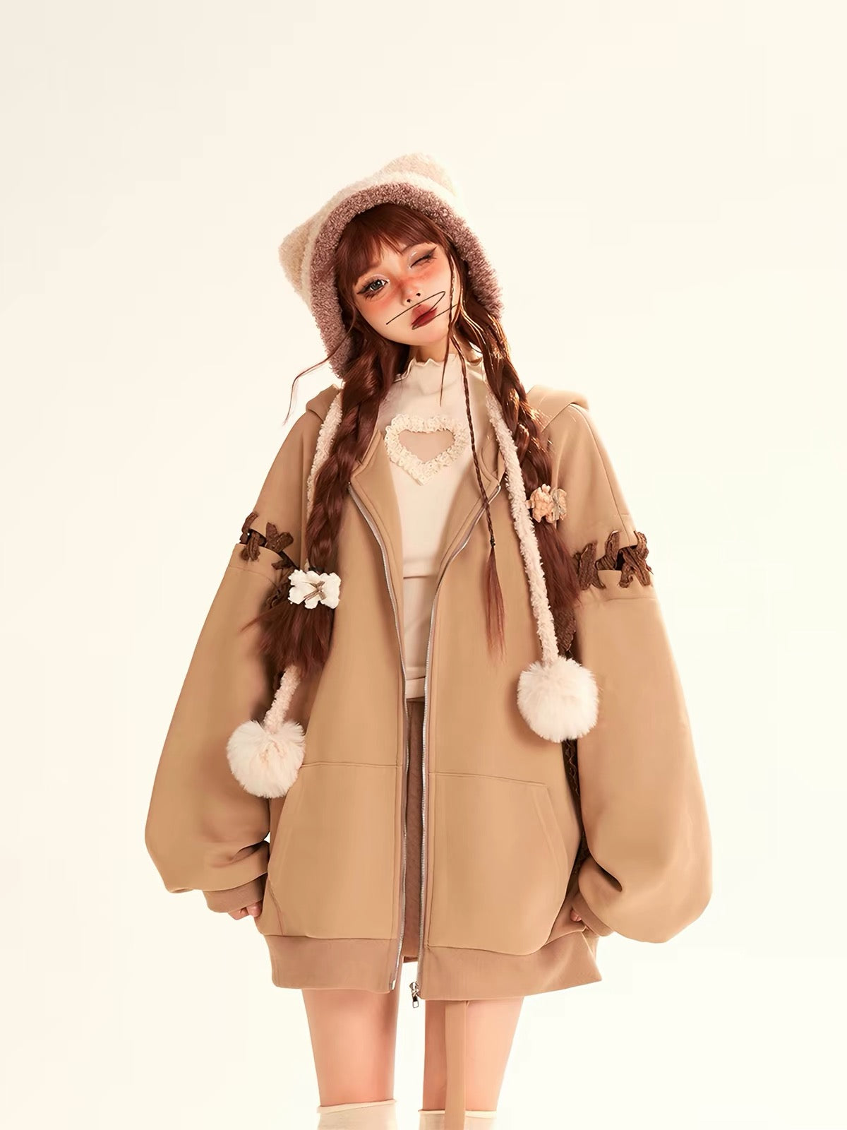 Brown oversized bow hoodie front view