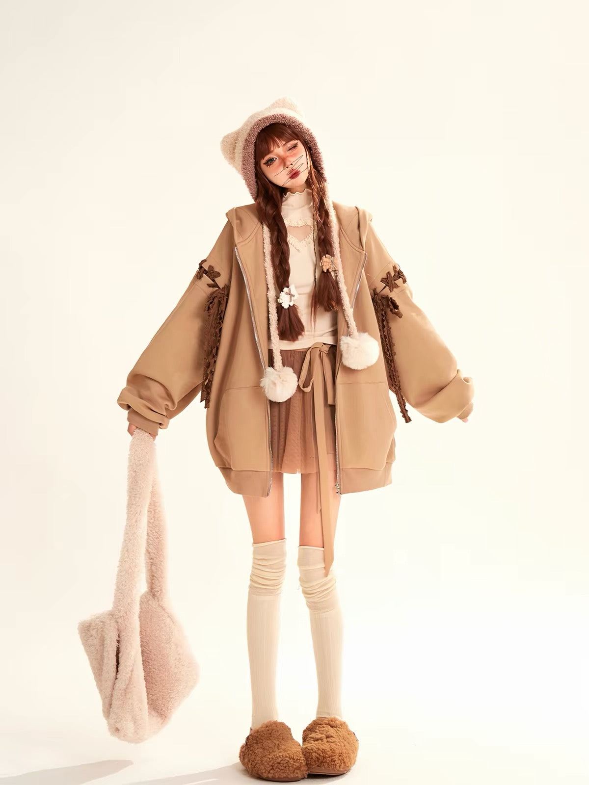 Brown oversized bow hoodie full outfit