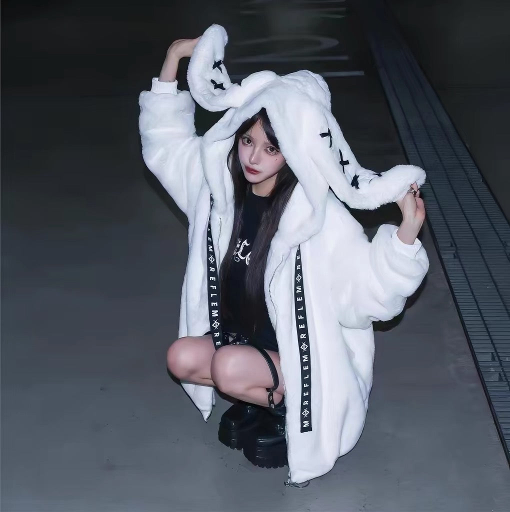 Black bunny ear plush jacket back view
